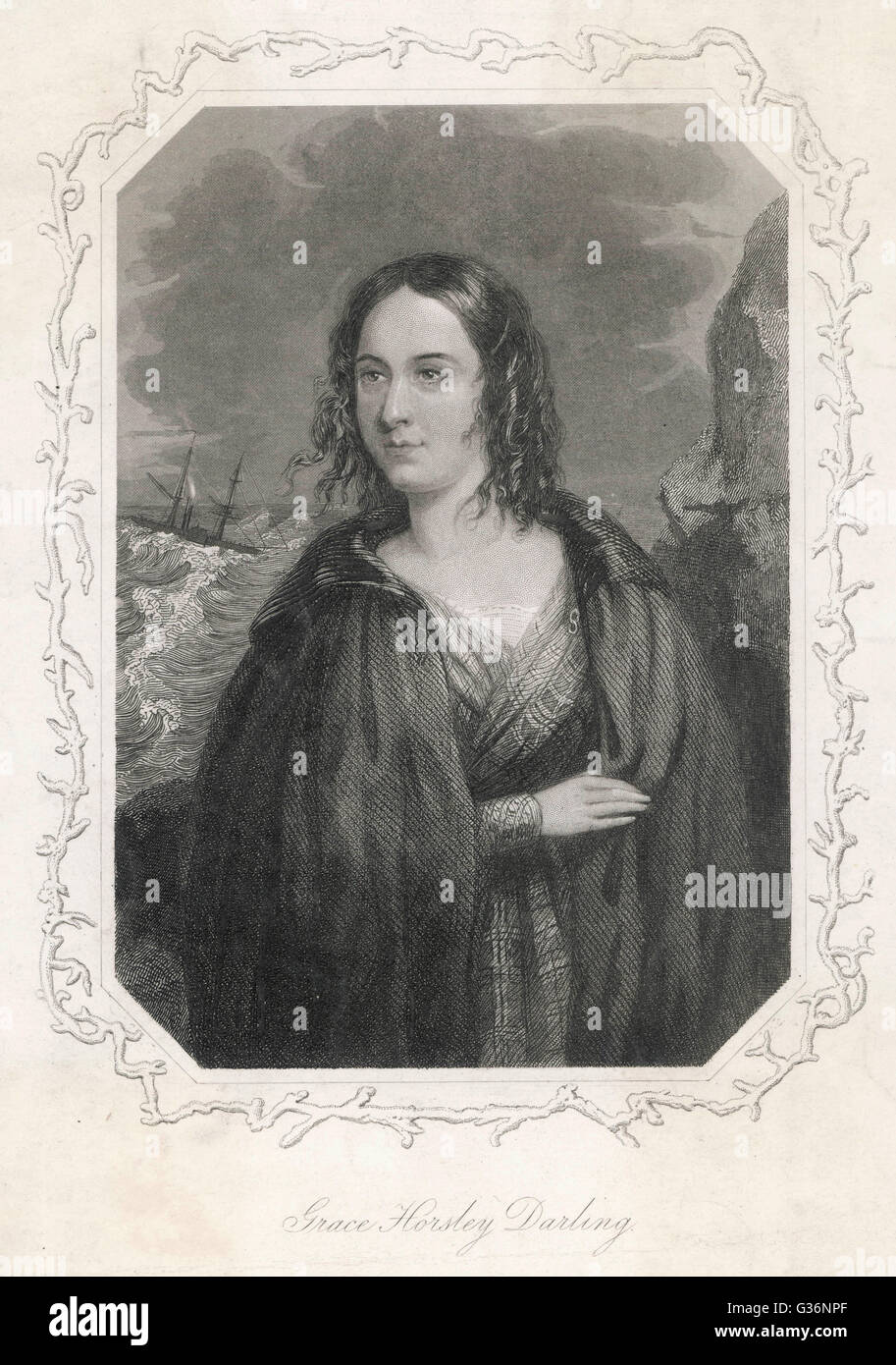 Horsley Grace Darling (1815-1842), hija del Torrero de Faros, William Darling, en las Islas Farne, que remaba con su padre hasta el hundimiento de la lancha de la SS Forfarshire en 1838 -- juntos salvaron a 13 personas de los restos del naufragio. Fecha: circa 18 Foto de stock