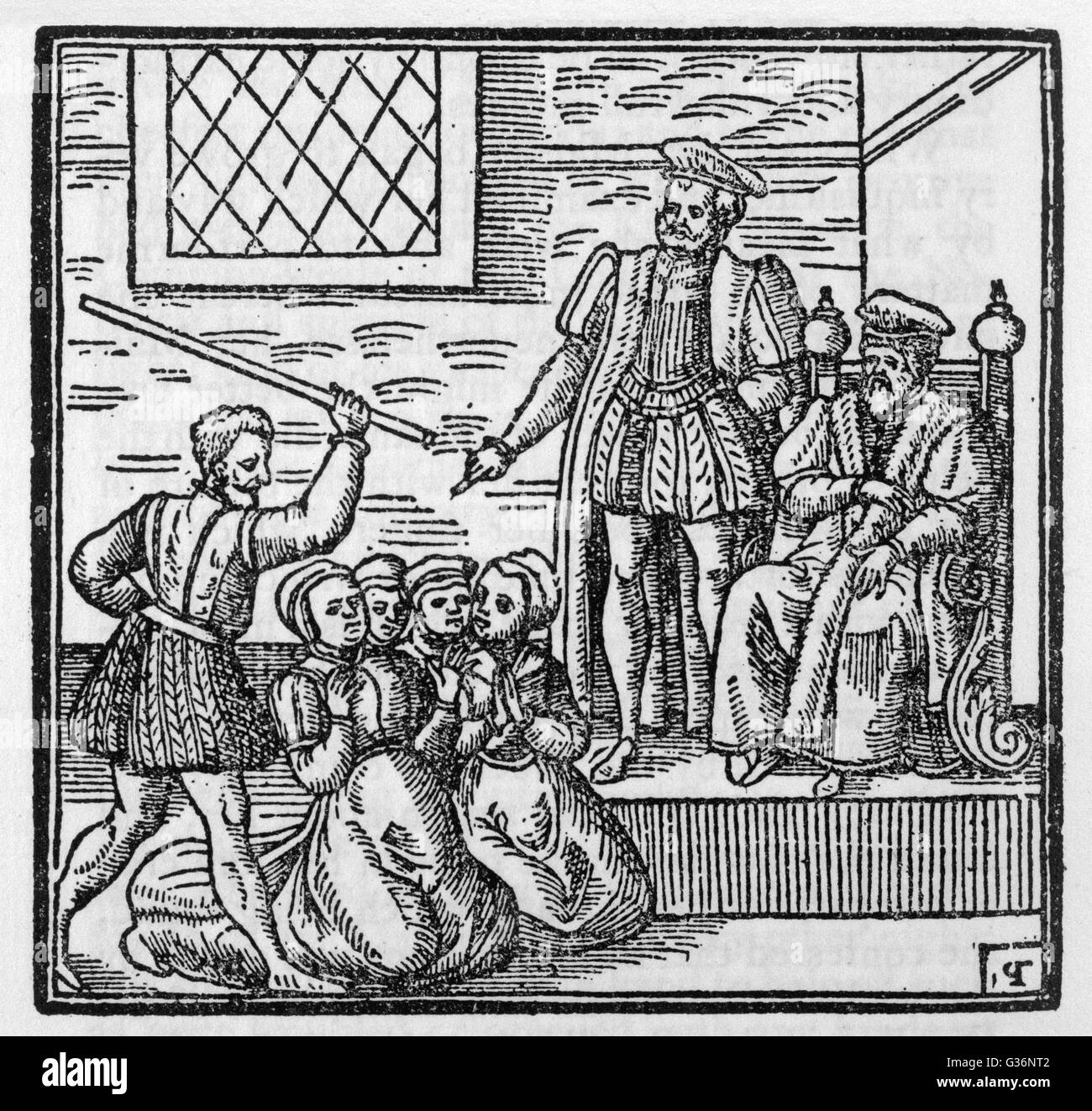 Las Brujas de North Berwick, Agnes Sampson, Agnes Tompson, Dr Fian y otros, son juzgados ante el Rey James. La mayoría de ellos fueron ejecutados. Fecha: 1591 Foto de stock