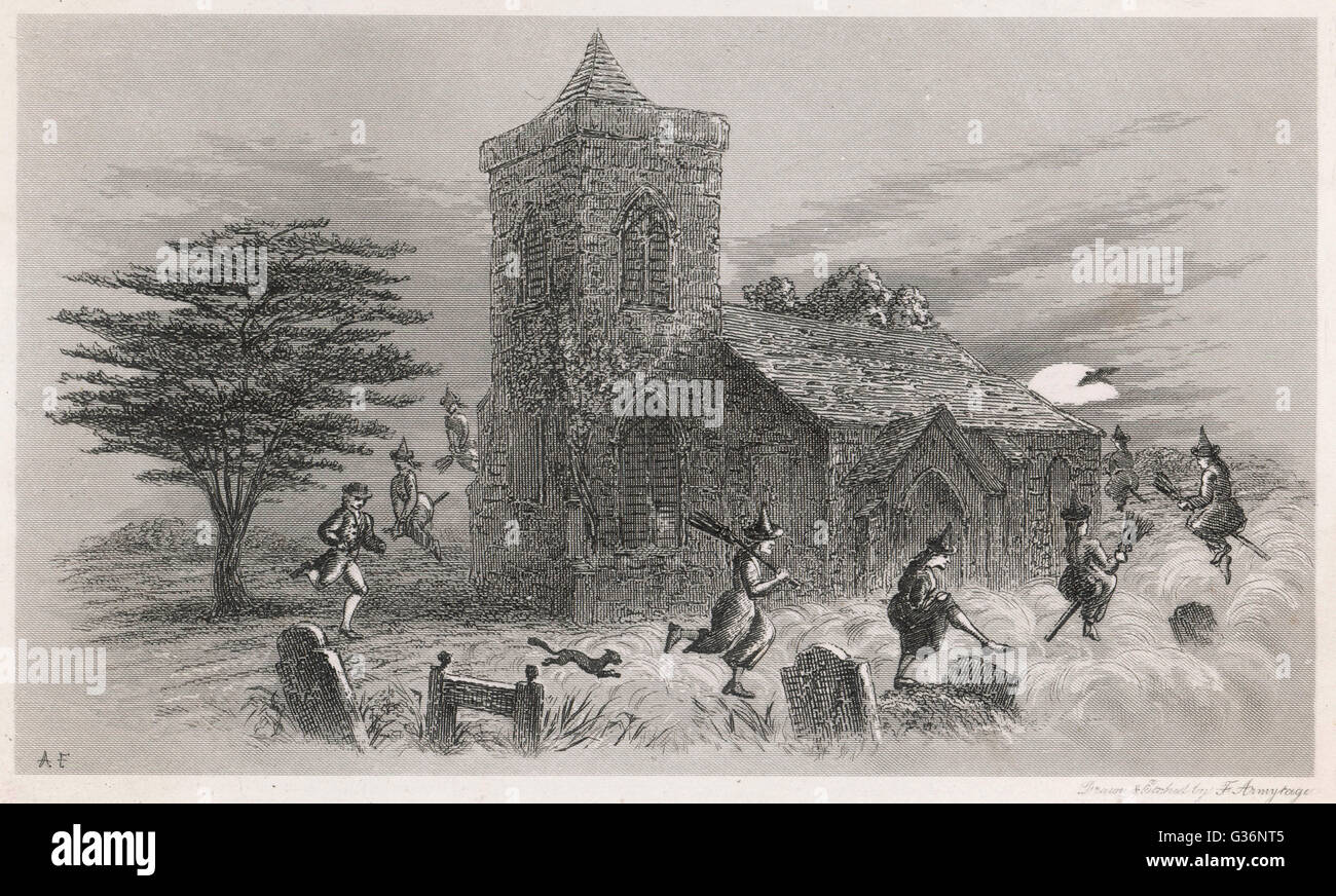 Las Brujas de North Berwick y el Dr. Fian volar alrededor de una iglesia, en algunos casos, tal y como confesó broomsticks Rey James. Fecha: 1591 Foto de stock