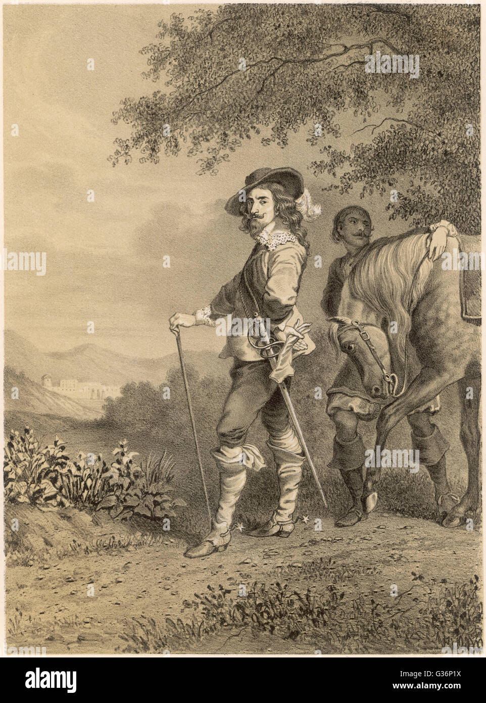 El rey Carlos I de Inglaterra, con su caballo y el sirviente en el fondo. Fecha: 1600 - 1649 Foto de stock