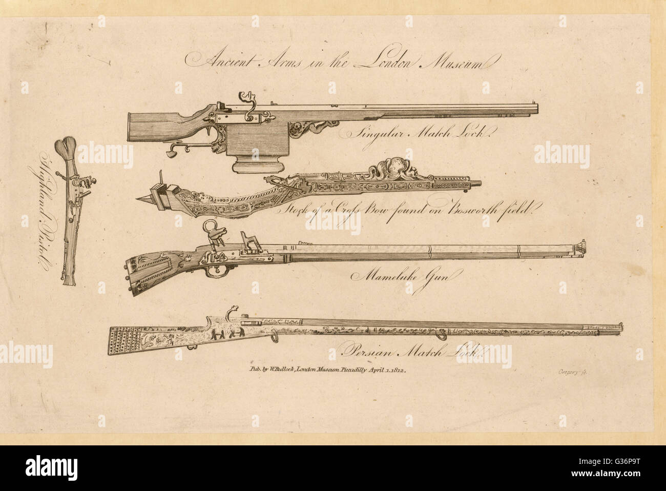 Varias armas de fuego -- Un matchlock Crossbow (Bosworth), una pistola mameluca, persa y una pistola matchlock Highland. Fecha: varios Foto de stock
