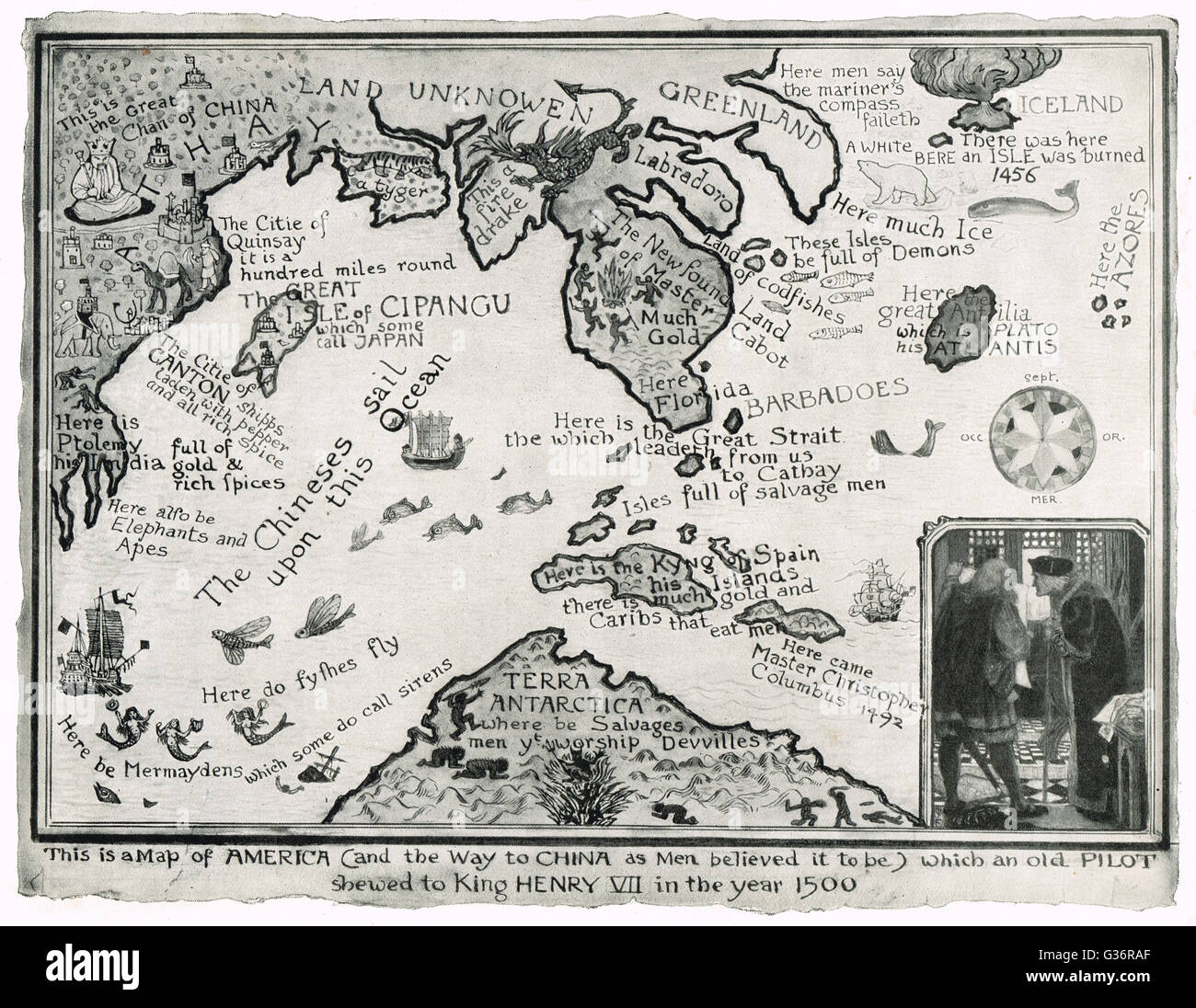 Mapa erróneo de América & el camino a China (como los hombres creían que sea) se muestra a Enrique VII en 1500 Foto de stock