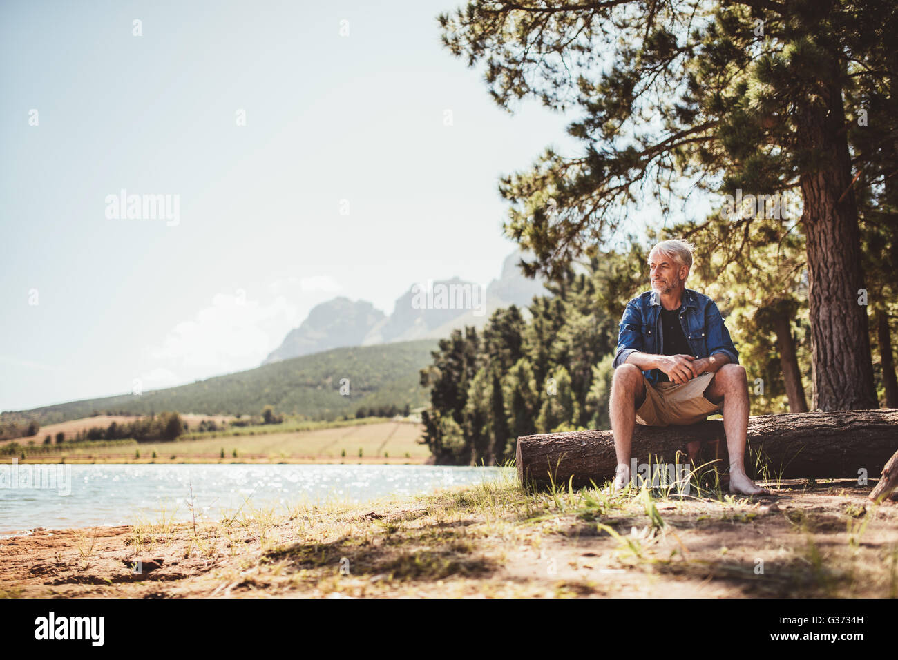 Disparo horizontal del hombre maduro, sentado en los troncos de madera por el lago. Hombre Senior relajante cerca de un lago en un día de verano. Foto de stock
