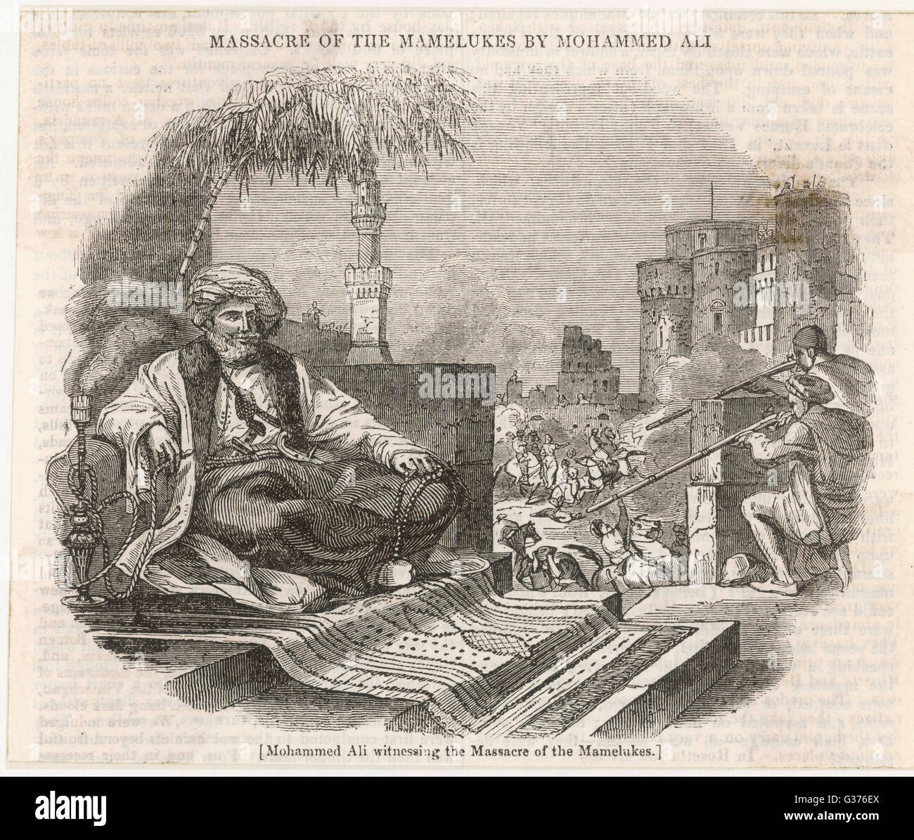 Mehmet Alí, virrey otomano de Egipto, relojes de época mameluca como líderes son asesinados en sus órdenes. Fecha: 1 de marzo de 1811. Foto de stock