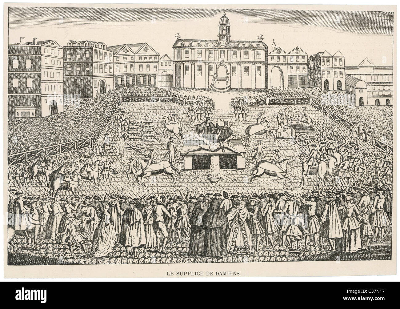 Intento de Louis XV Robert-Francois Damiens susequent ejecución del posible asesino, por "acuartelamiento". Fecha: 1757 Foto de stock