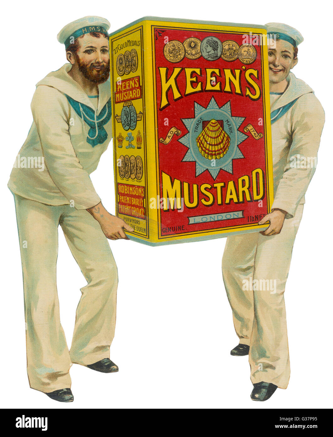 Anuncio para Keen es mostaza que disponen de dos marineros portando una gigantesca tin Fecha: 1900 Foto de stock
