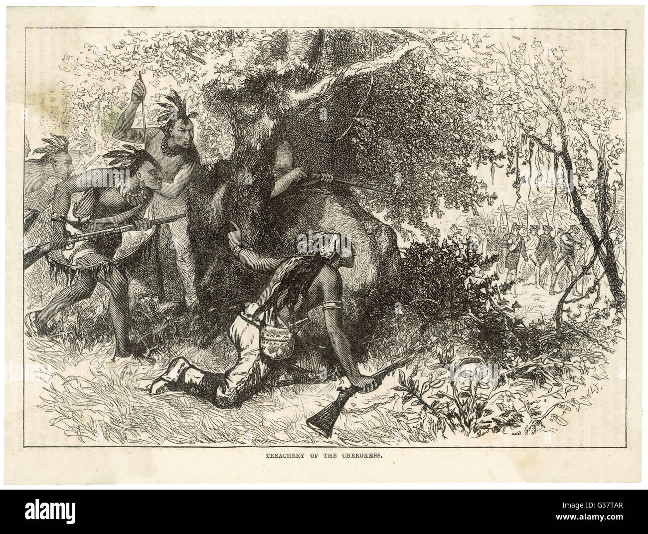 Los indios Cherokee emboscada soldados británicos Fecha: 1776 Foto de stock