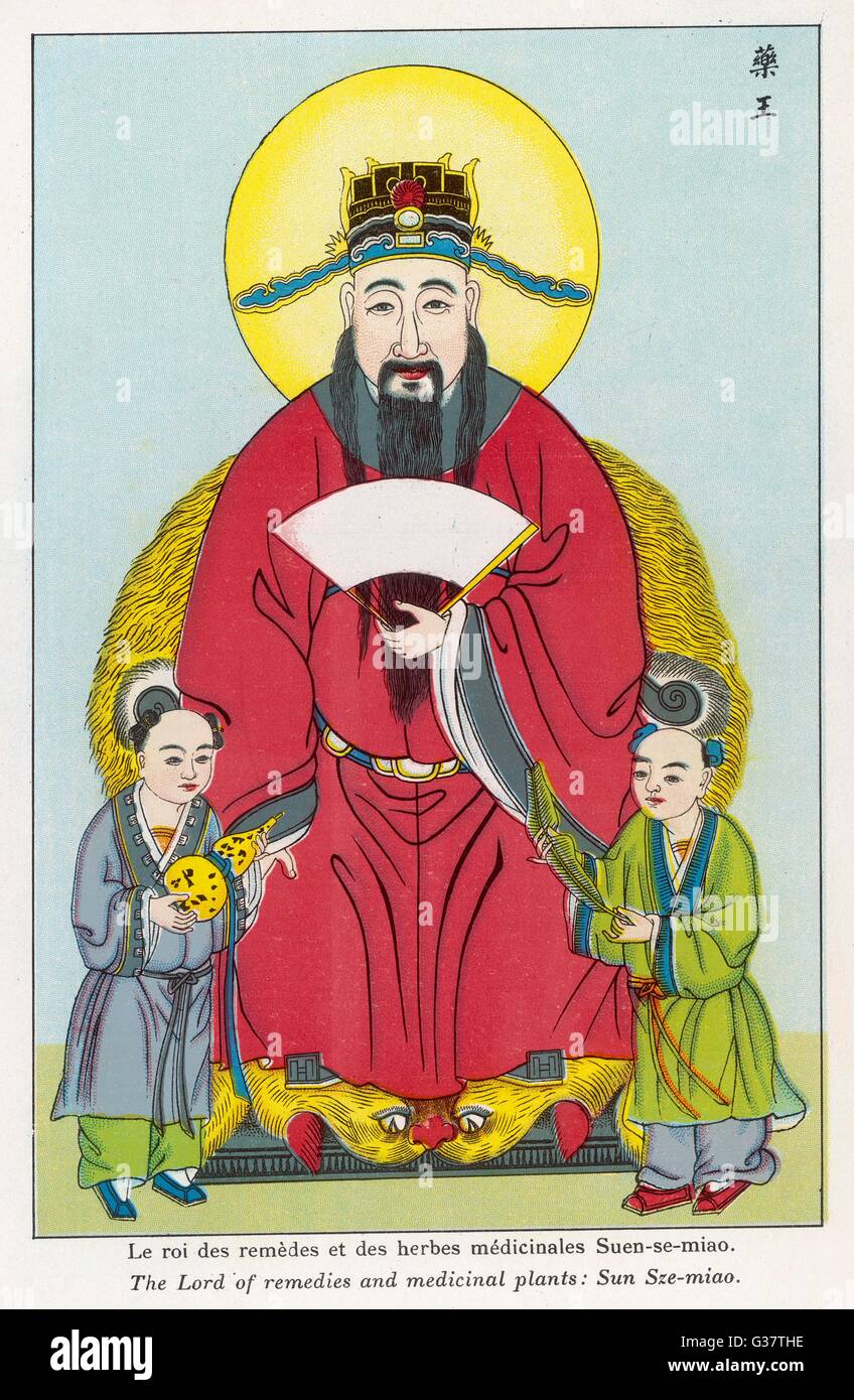 La deidad chino SUN SZE-Miao, Señor de plantas medicinales Fecha: 1915 Foto de stock