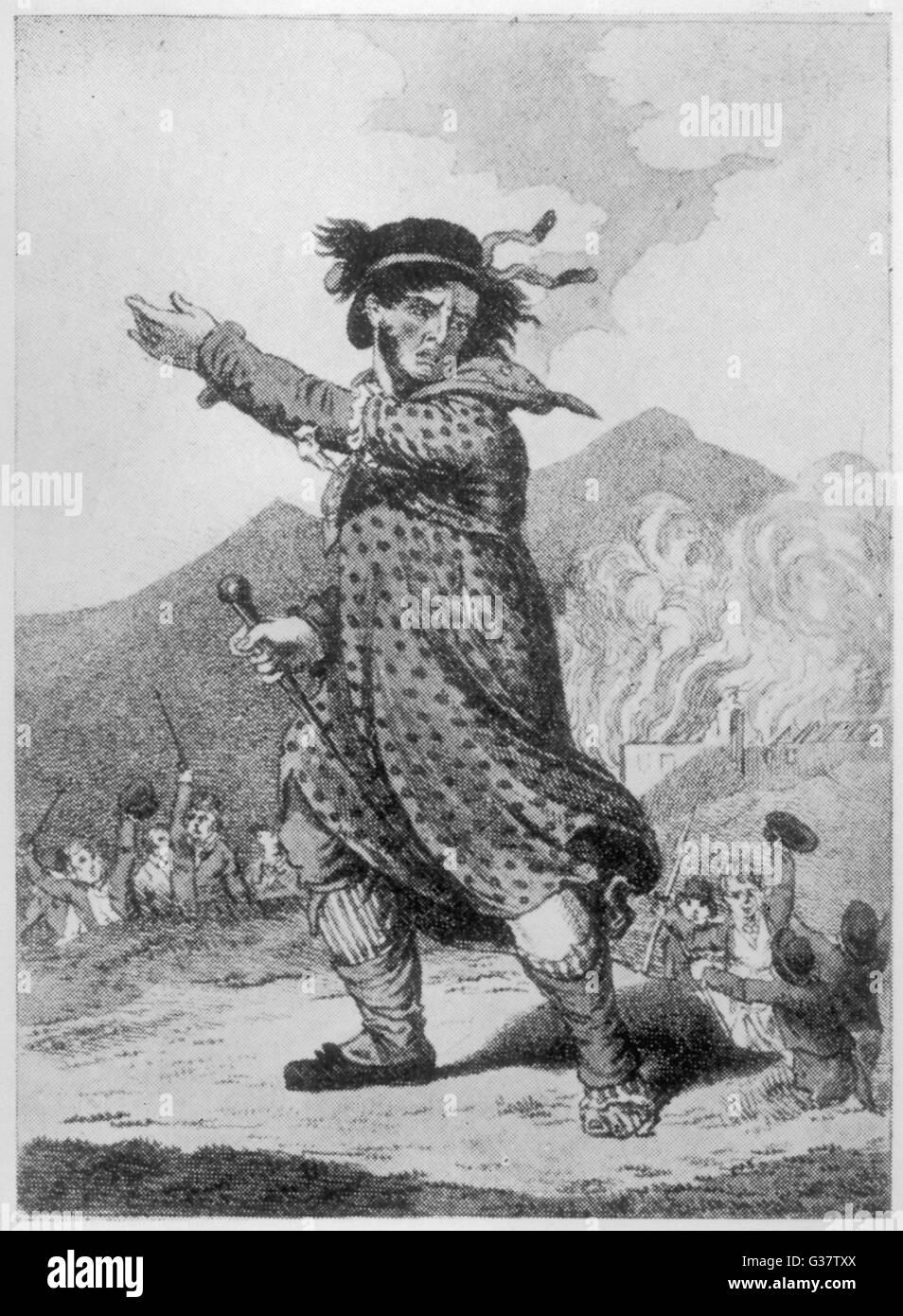 Los retrógrados una máquina-wrecker disfrazado como una mujer insta a sus compañeros para atacar a otra fábrica Fecha: 1812 Foto de stock