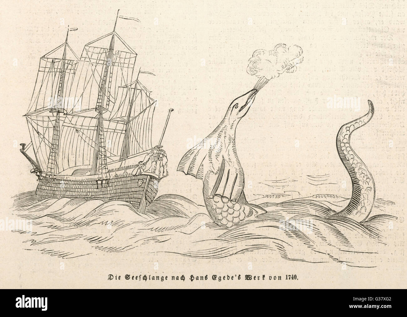 Chorreando mar-criatura avistada por Hans Egede, frente a la costa de Groenlandia Fecha: 1734 Foto de stock