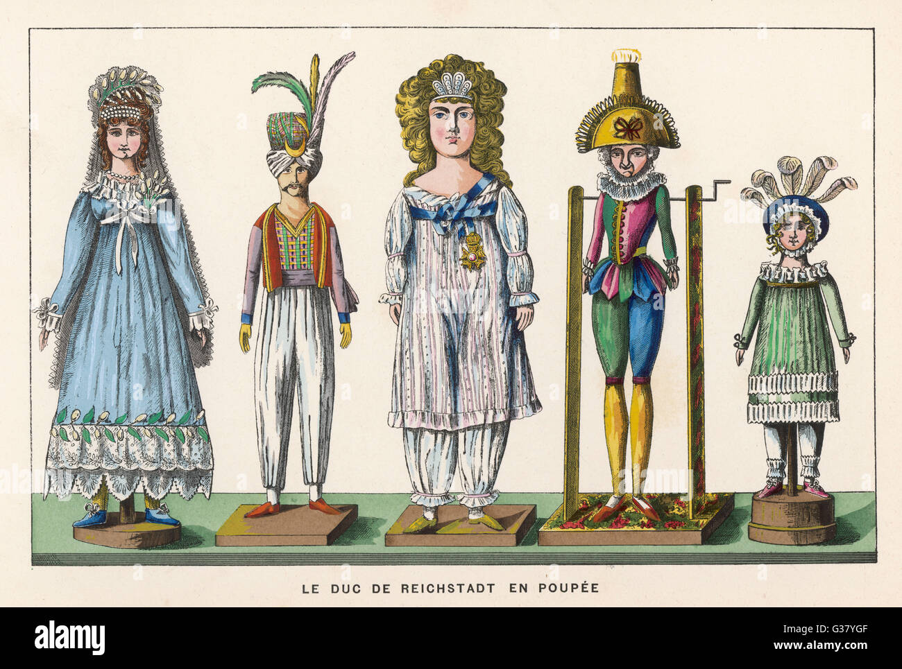 Doll representaciones del Duque de Reichstadt (hijo de Napoleón I) en el centro con (de izquierda a derecha), su esposa, y el bebé Polcinello mameluca, exhibió en la Exposición de París. Fecha: circa 1810 Foto de stock