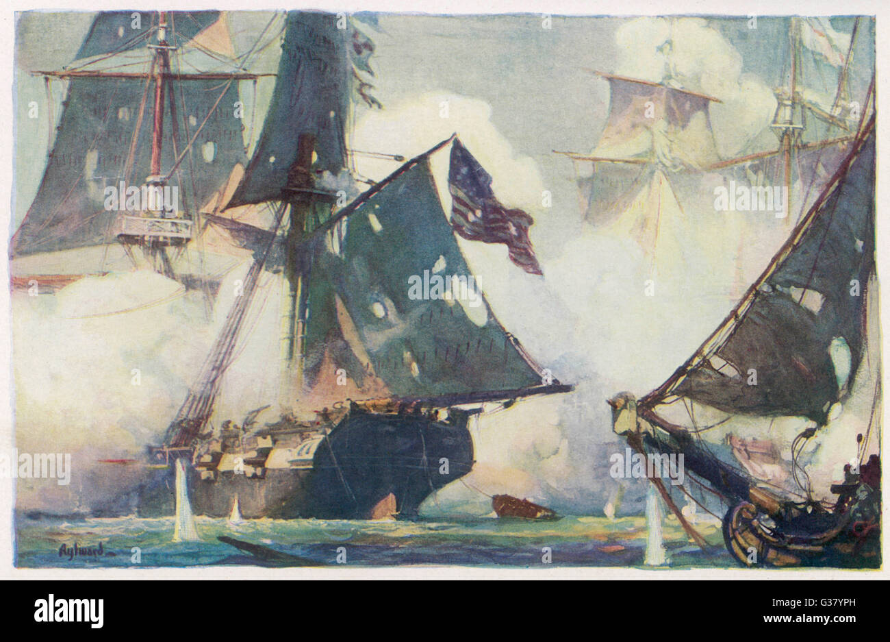 La batalla del lago Erie el buque norteamericano "Niagara" rastrillos los buques británicos 'Detroit' y 'Queen Charlotte', que conduce a una decisiva victoria americana Fecha: 10 de septiembre de 1813 Foto de stock