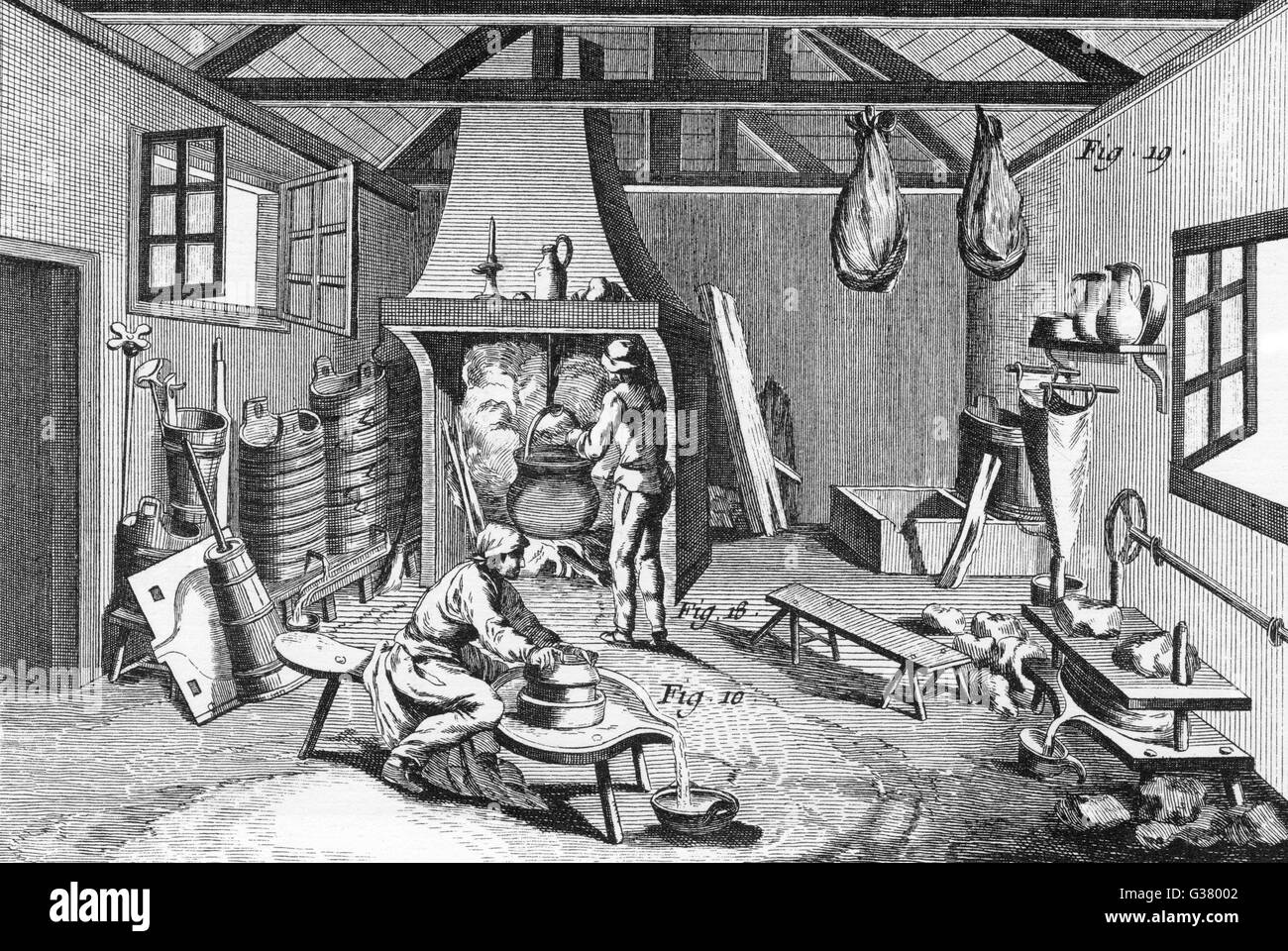 Fabricación de queso de Auvernia - diversos procesos Fecha: circa 1760 Foto de stock