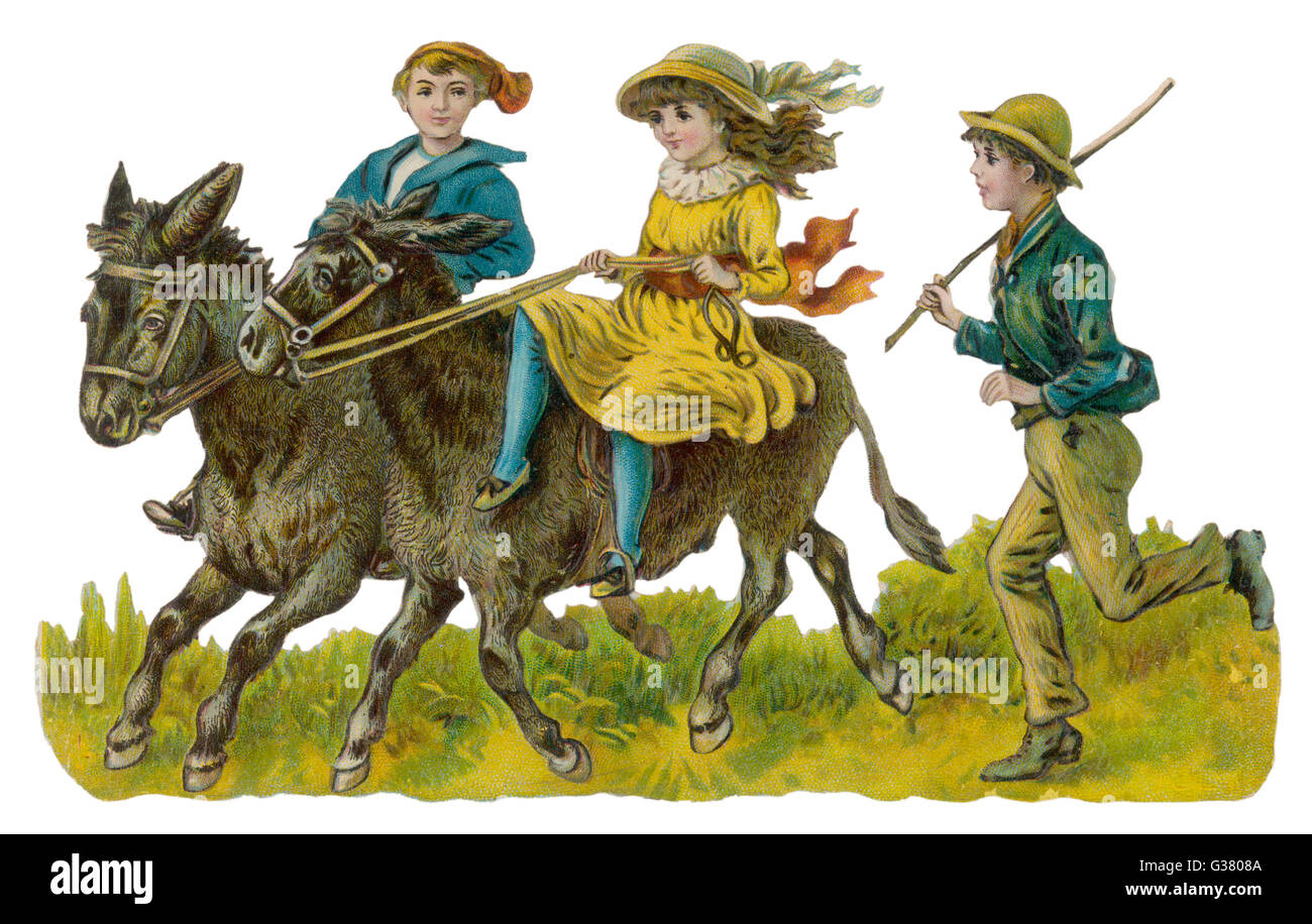 Dos niños paseos en burro con boy siguiendo con palo. Fecha: circa 1890 Foto de stock
