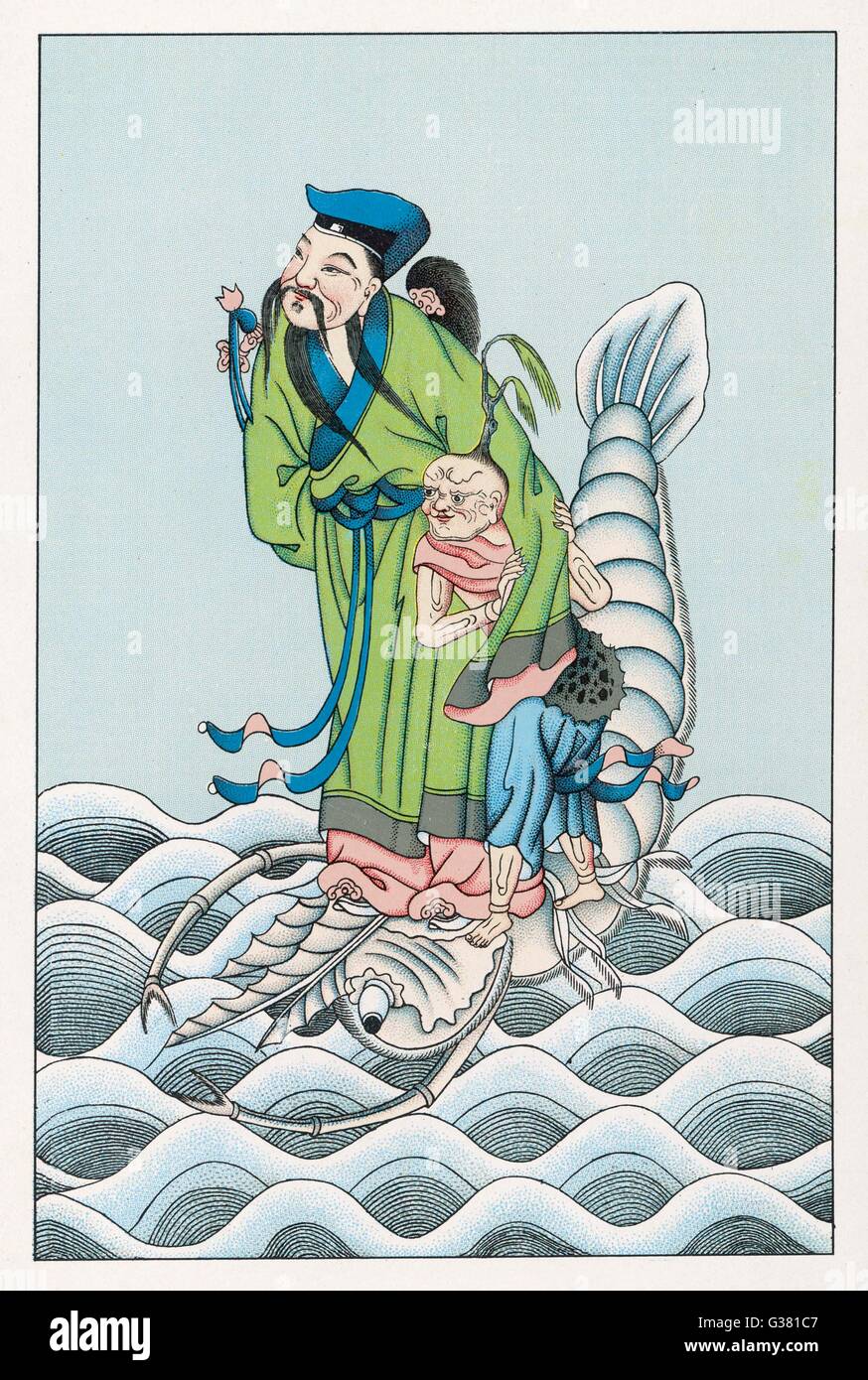 LIU TONG-PIN, uno de los Ocho Inmortales del panteón chino, representado cabalgando sobre un kraken (que se ve muy similar a un cangrejo gigante !) Fecha: 1915 Foto de stock