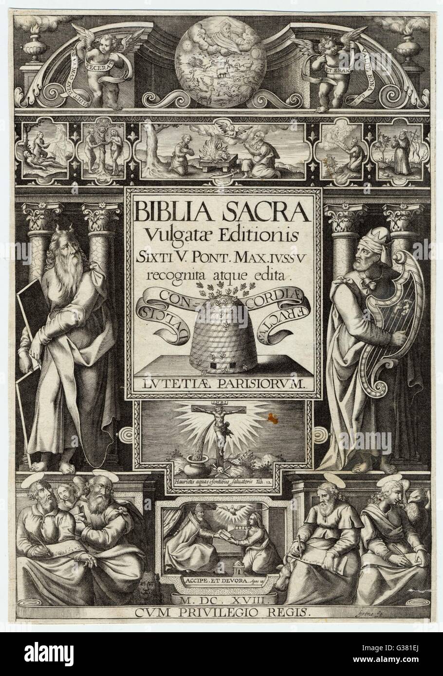 La página del título de la Biblia Vulgata (impreso en latín) Fecha: circa 1590 Foto de stock