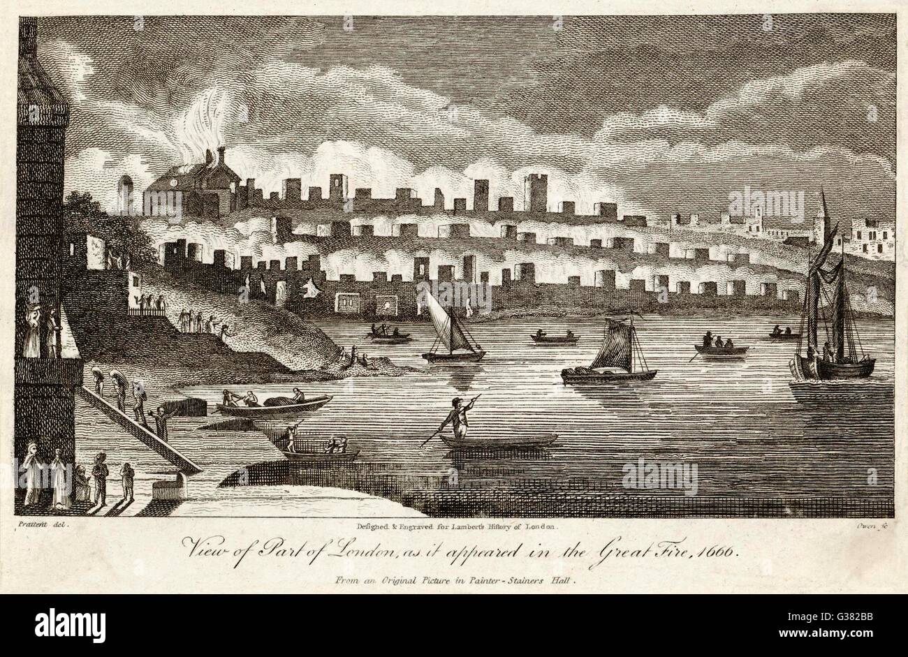 Vista de Londres frente al Támesis durante el Gran Incendio de Londres Fecha: 1666 Foto de stock