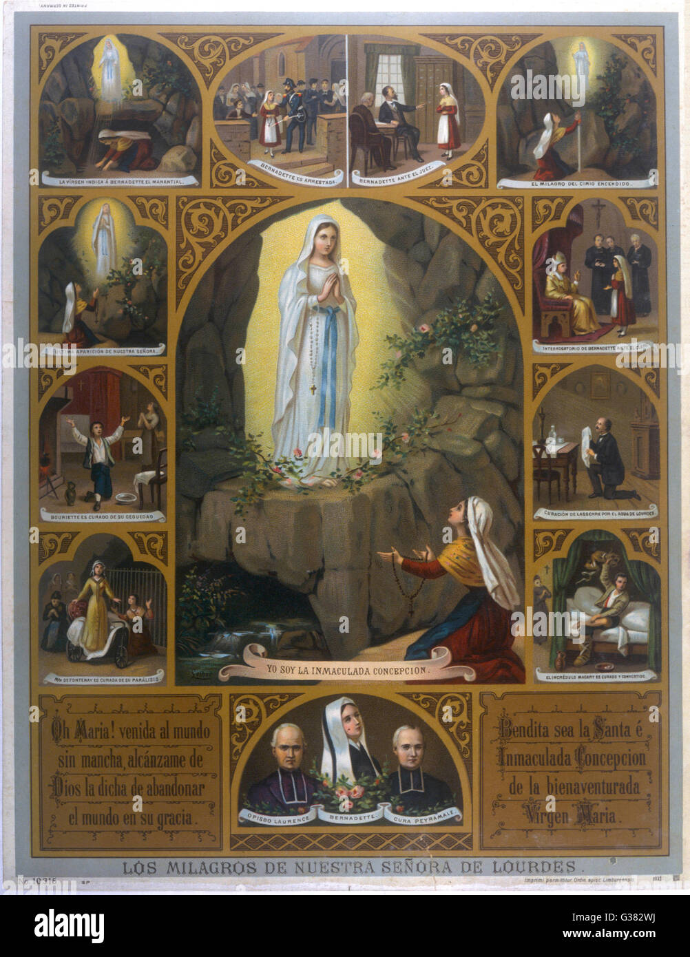 Visión Berndatte Soubirous', y algunos de los milagros de la Virgen María en Lourdes Fecha: 1858 Foto de stock