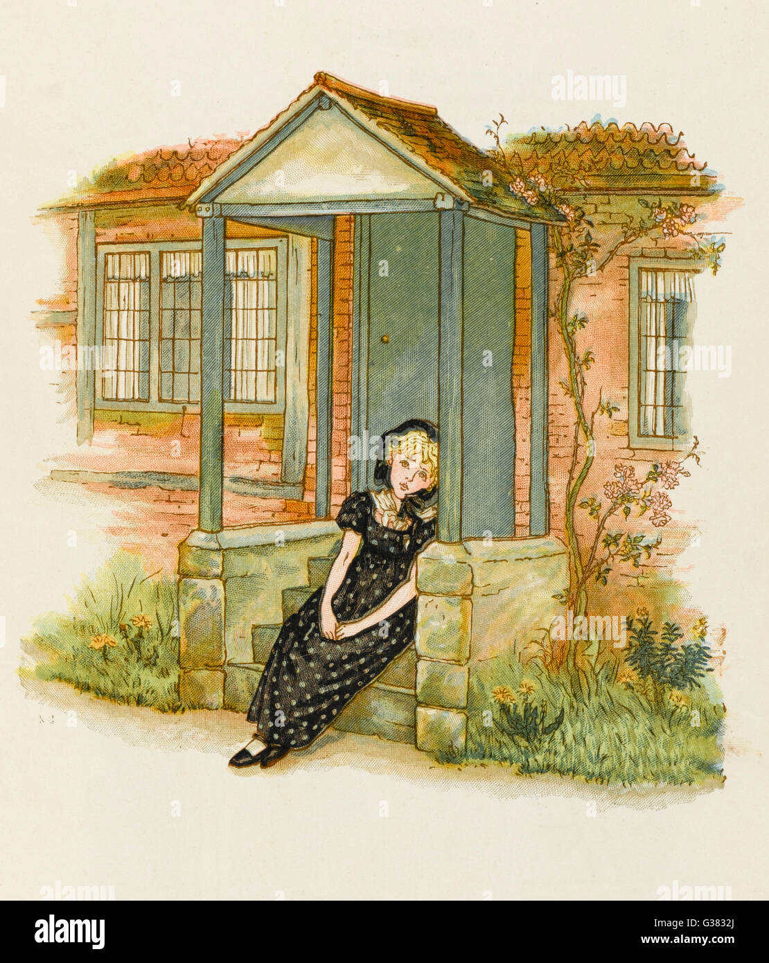 Una niña huérfana, vestida de negro y mirando muy solitaria y triste. Fecha: 1883 Foto de stock