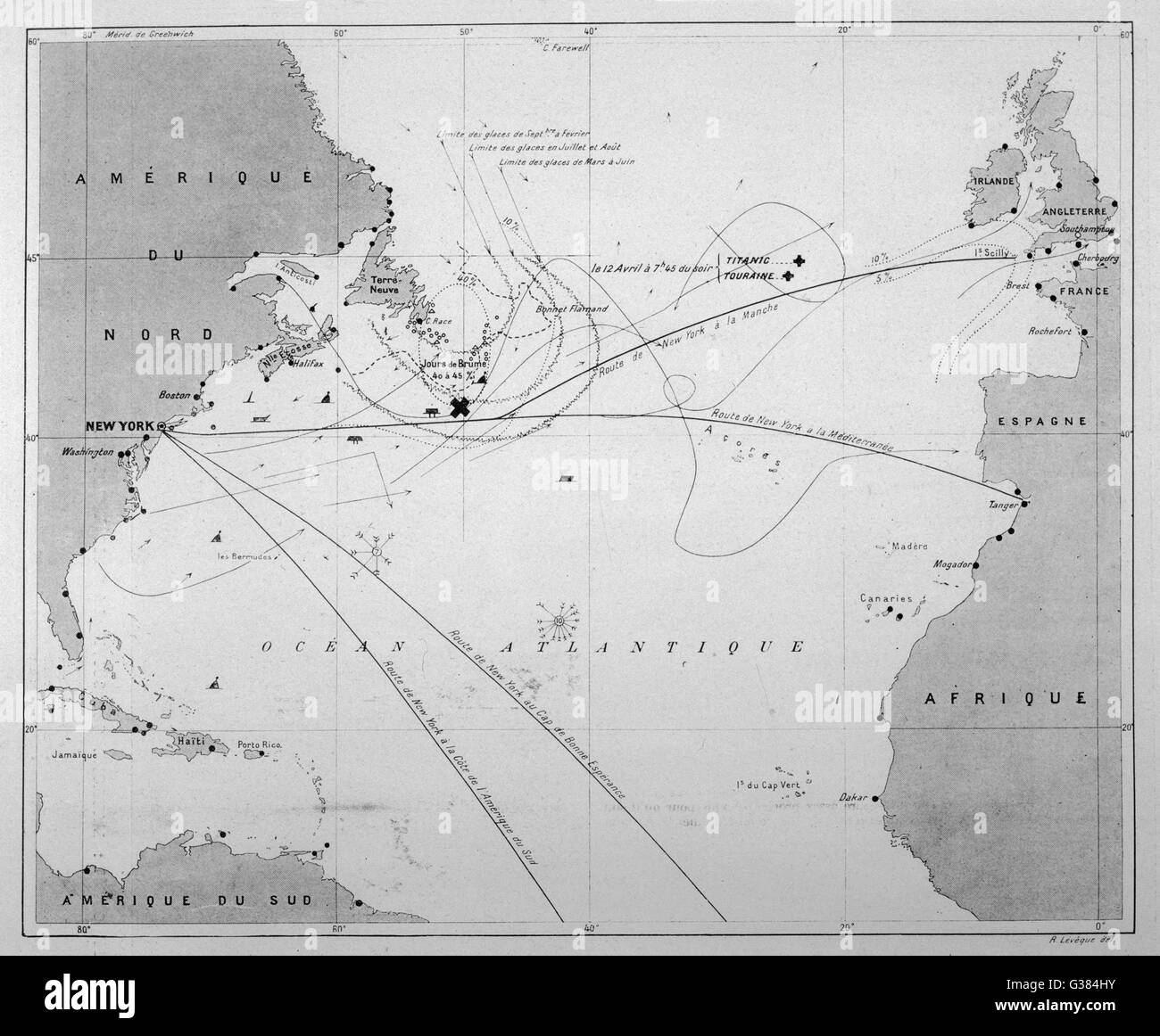 Gráfico que muestra piloto el viaje del Titanic a través del Océano