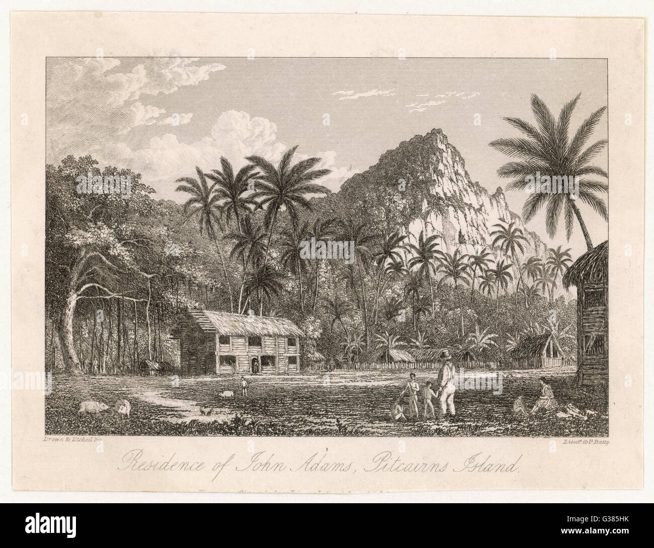 Los amotinados hacer un nuevo hogar para ellos en la Isla de Pitcairn : la residencia de John Adams Fecha: 1789 Foto de stock