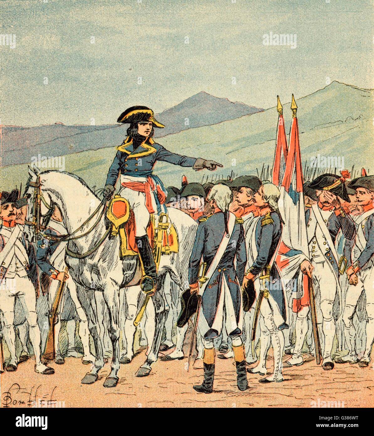 En la batalla de Rivoli, duramente presionado por los austriacos, Napoleón amonestaciones a sus hombres y gira la casi derrota en una victoria aplastante Fecha: 14 de enero de 1797 Foto de stock