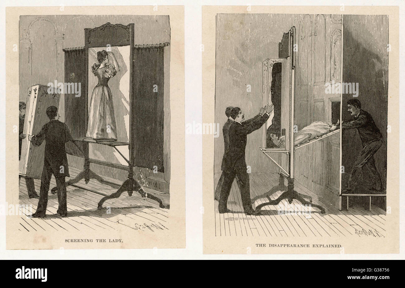 Ilustraciones que muestran cómo la "señora" de fuga truco funciona Fecha: 1890 Foto de stock
