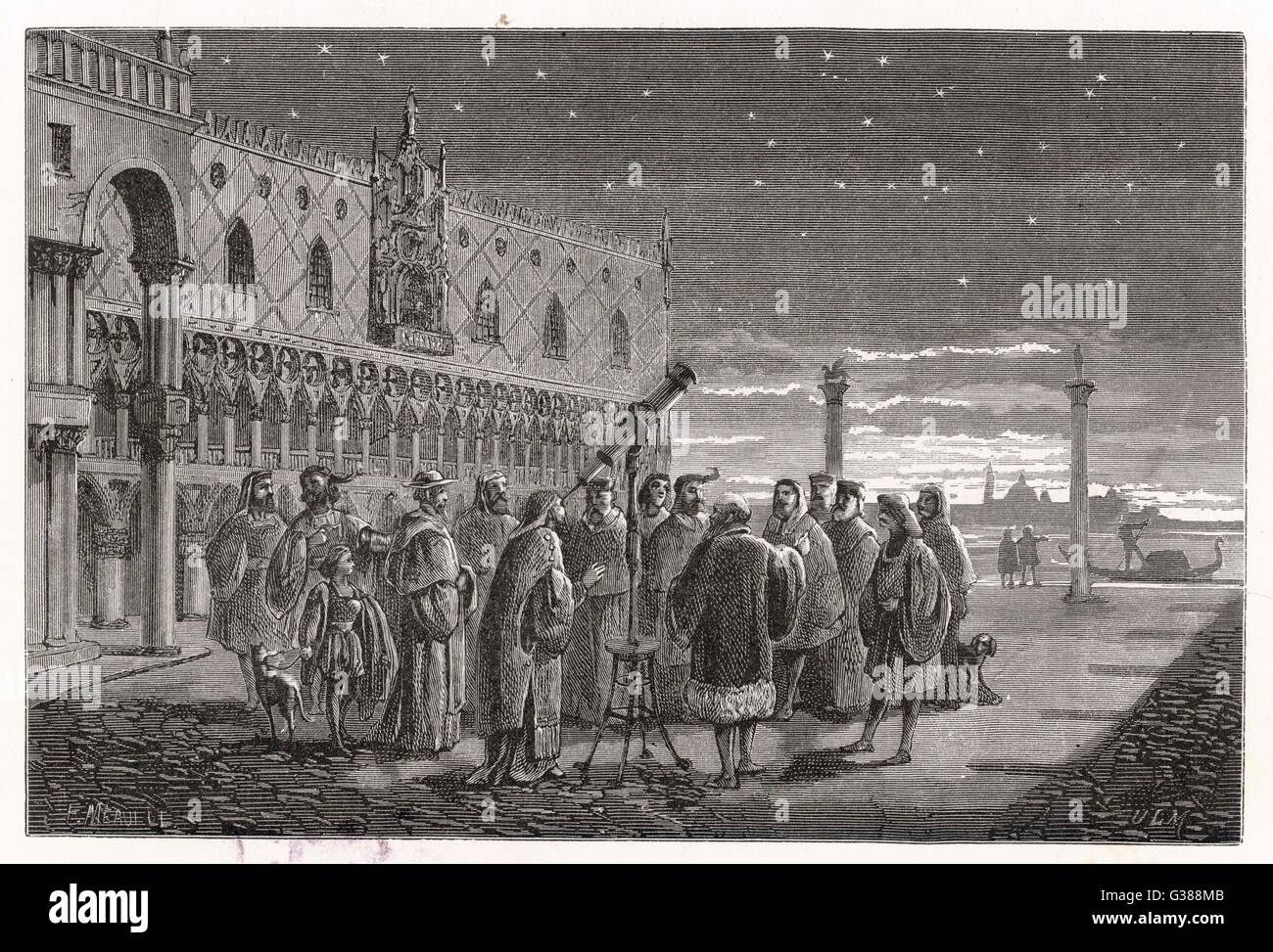 Galileo muestra los satélites de Júpiter a senadores venecianos. Foto de stock