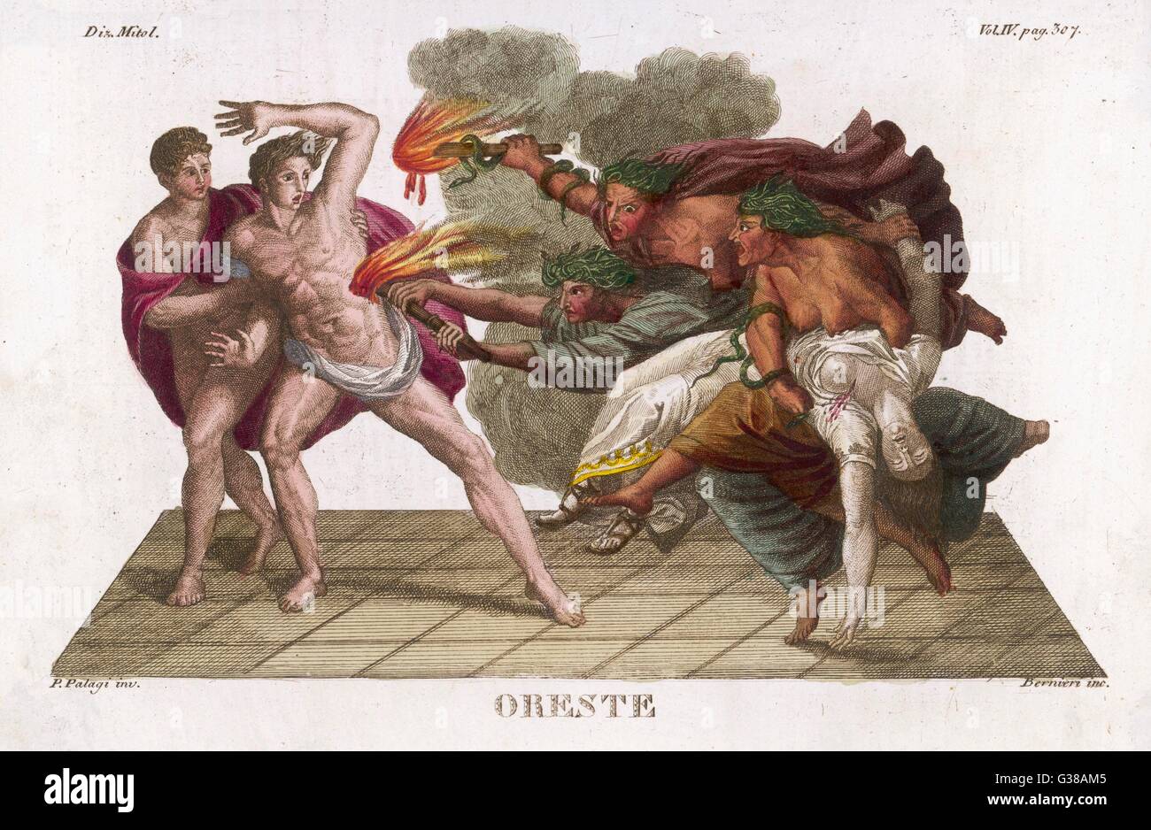 Orestes y Pylades, aunque honor requiere para asesinar a Egisto y Clitemnestra están, sin embargo, perseguido por las furias (Erinyes o Foto de stock