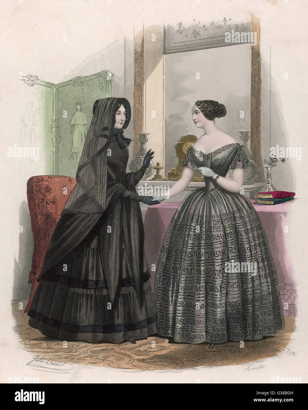 Una señora en vestido de luto exterior visita un amigo cuyo vestido de luto no escapa por una decoración discreta... Fecha: circa 1860 Foto de stock