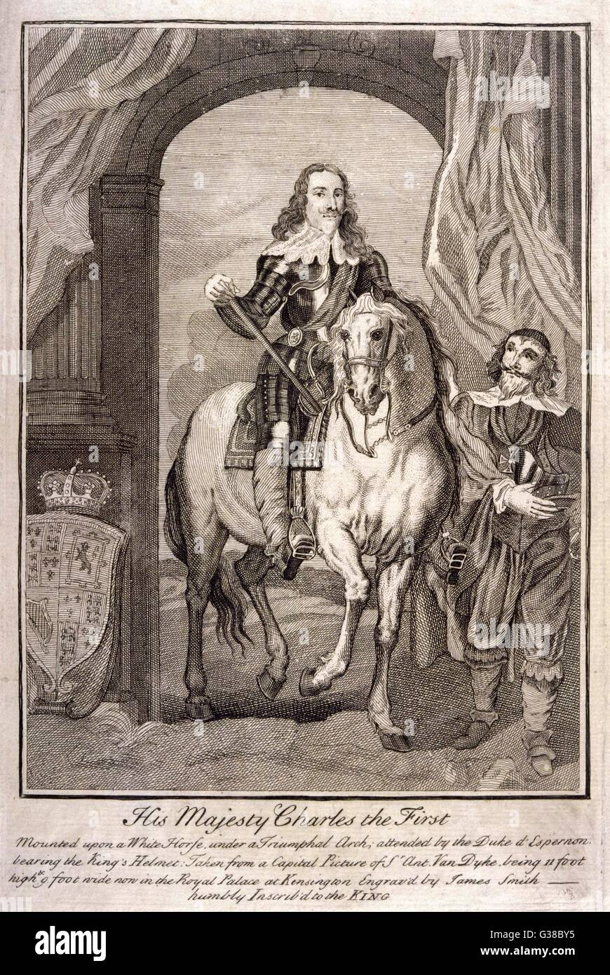 Carlos I de Inglaterra montado en un caballo blanco bajo un arco de triunfo, a la que asistieron el Duque d'ESPERNON teniendo el casco del rey Fecha: 1600 - 1649 Foto de stock