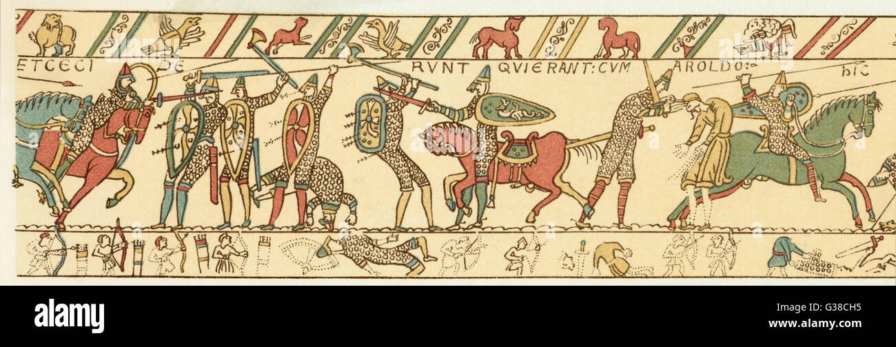 La batalla de Hastings el ejército inglés está cortada en pedazos Fecha: 14 de octubre de 1066 Foto de stock