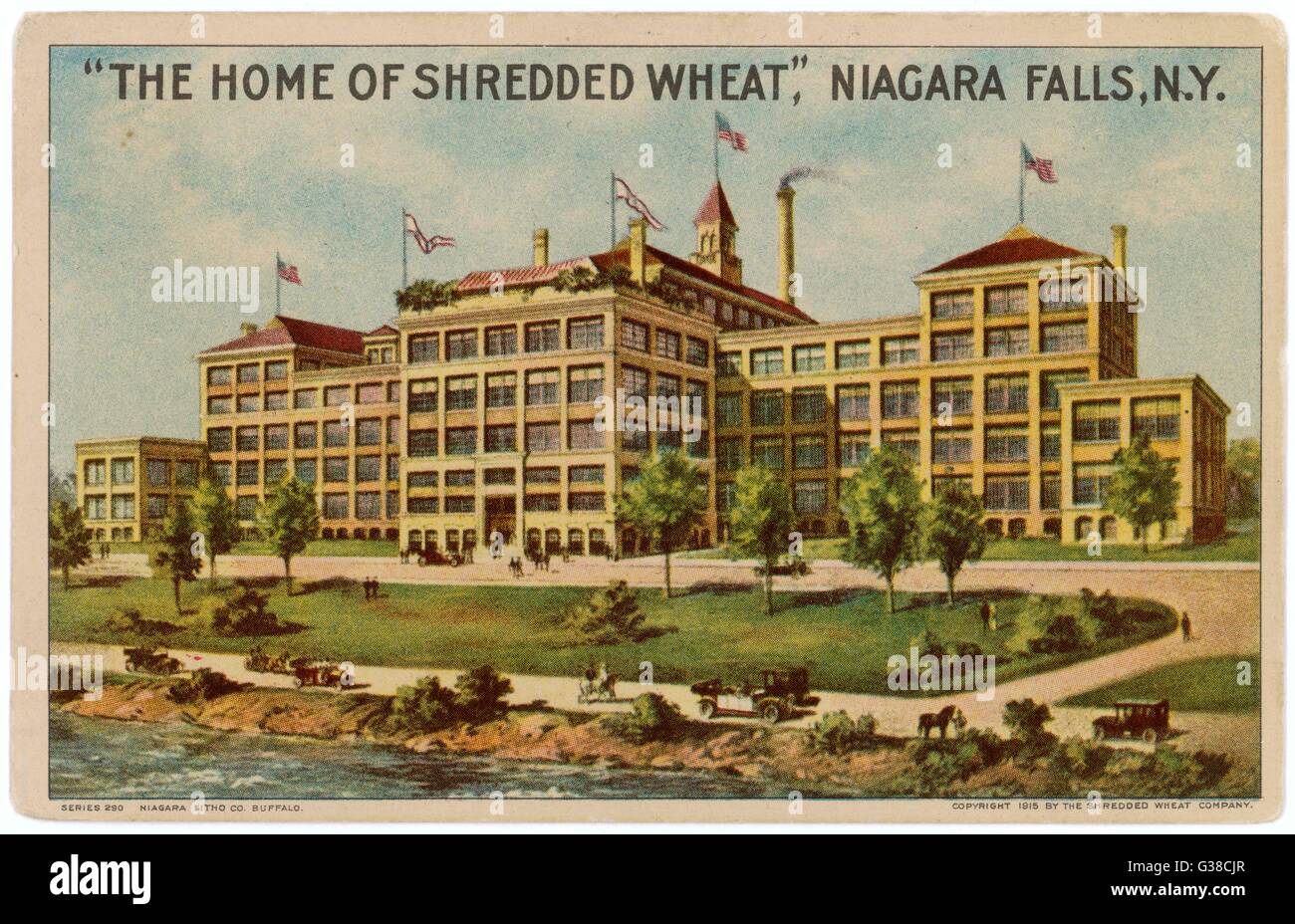 La casa de trigo triturado en Niagara Falls, Nueva York, "los más limpios, mejores, más higiénica de fábrica de alimentos en el mundo" donde 2+ millones son hechas cada día Fecha: circa 1920 Foto de stock