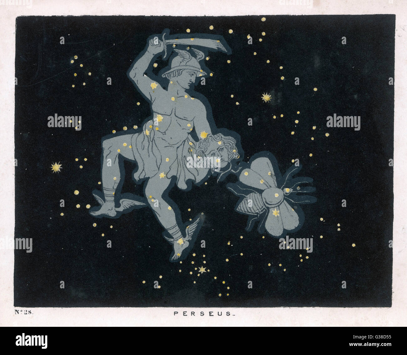 Una línea que atraviesa las tres grandes estrellas de Andrómeda marca la cabeza de la constelación de Perseo. Fecha: 1849 Foto de stock