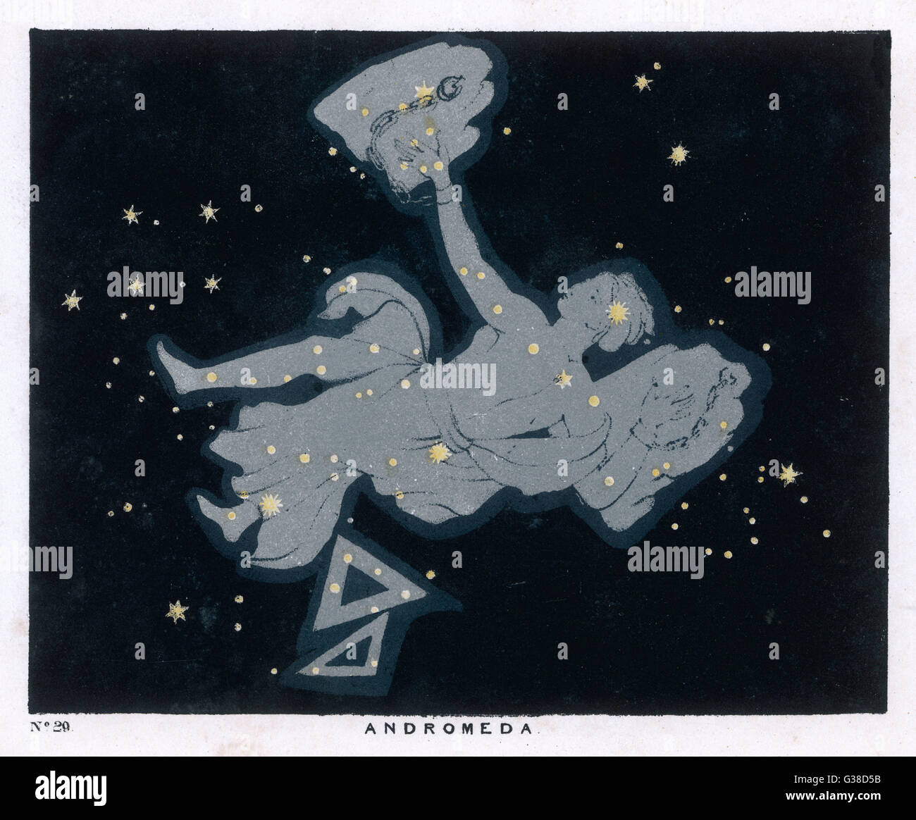 La Constelación de Andrómeda es de una mujer que desnudó a la faja, sus brazos extendidos, y cada uno de ellos conectado a un fragmento de roca por una cadena. Fecha: 1849 Foto de stock