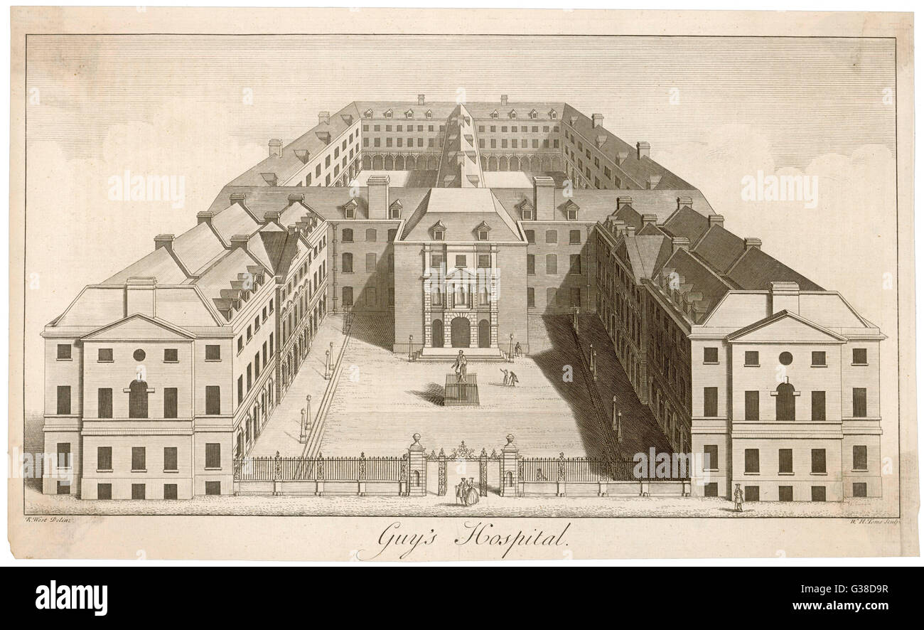Una vista general exterior de los edificios que componen Guy's Hospital. Fecha: mediados del siglo XVIII Foto de stock
