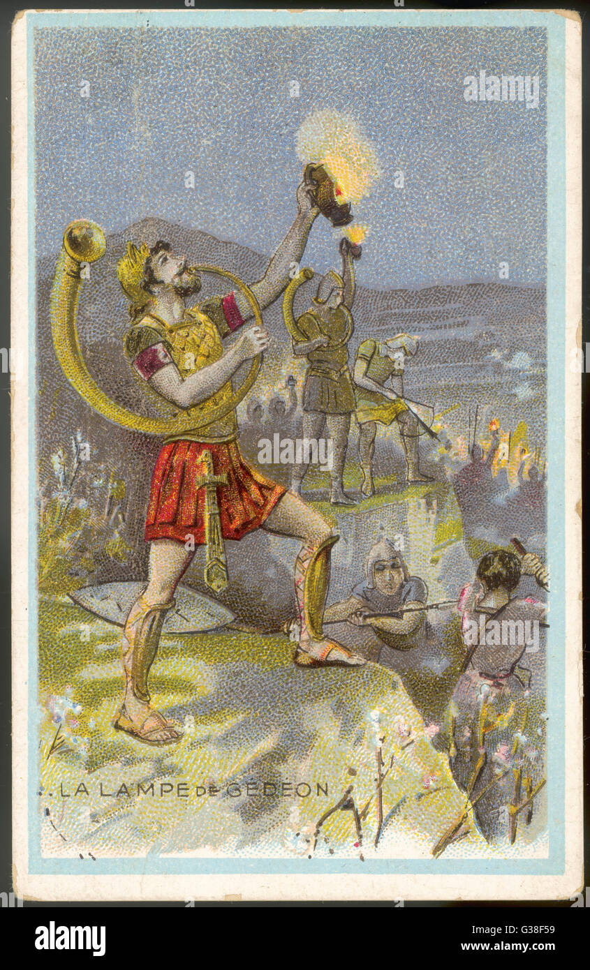 5 Gedeón, Juez de Israel, dota a su ejército con lámparas cubiertas con un cántaro, para asustar a sus oponentes Madianita Fecha: c. Foto de stock