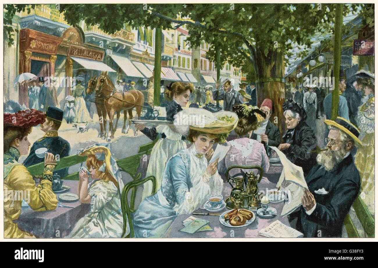 Un tiempo ocupado en el "Alte' Cafe, Wiese Karlsbad. Fecha: 1904 Foto de stock