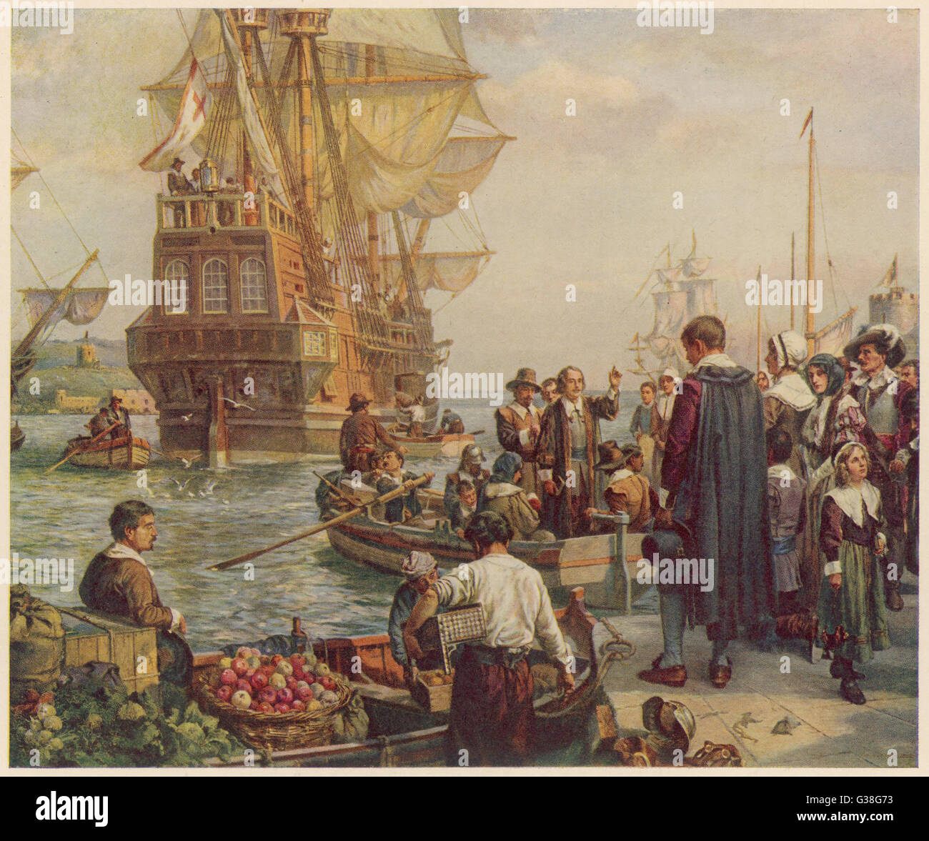 102 protestantes (24 de ellos mujeres) dejar Plymouth para América en el 'Mayflower'. Sólo 35 eran Puritanos. La frase "Padres Peregrinos" fue utilizado por primera vez en 1799. Fecha: 1620 Foto de stock