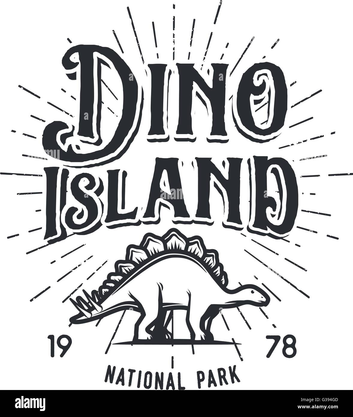 Vector logo isla dinosaurio concepto. Stegosaurus diseño insignia del parque nacional. Período jurásico ilustración. Dino Vintage T-shirt insignia sobre fondo blanco. Ilustración del Vector