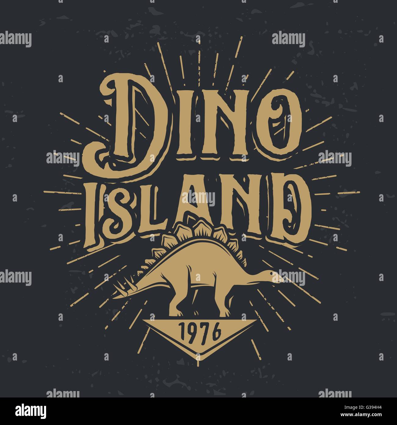 Dino Island concepto logotipo vectorial. Stegosaurus diseño insignia del parque nacional. Período jurásico ilustración. Dinosaur Vintage T-shirt insignia de fondo oscuro Ilustración del Vector