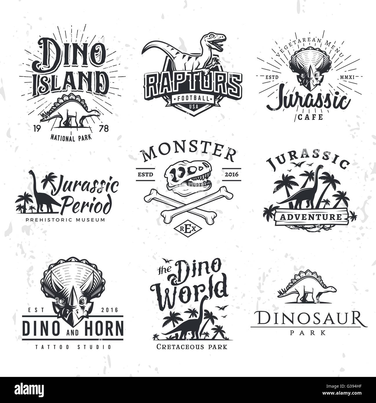 Gran dinosaurio Vector Logo Set. Triceratops t-shirt ilustración concepto. Rapaces insignia de seguridad plantilla de diseño. Vintage período Jurásico etiquetas. Parque temático insignias Ilustración del Vector