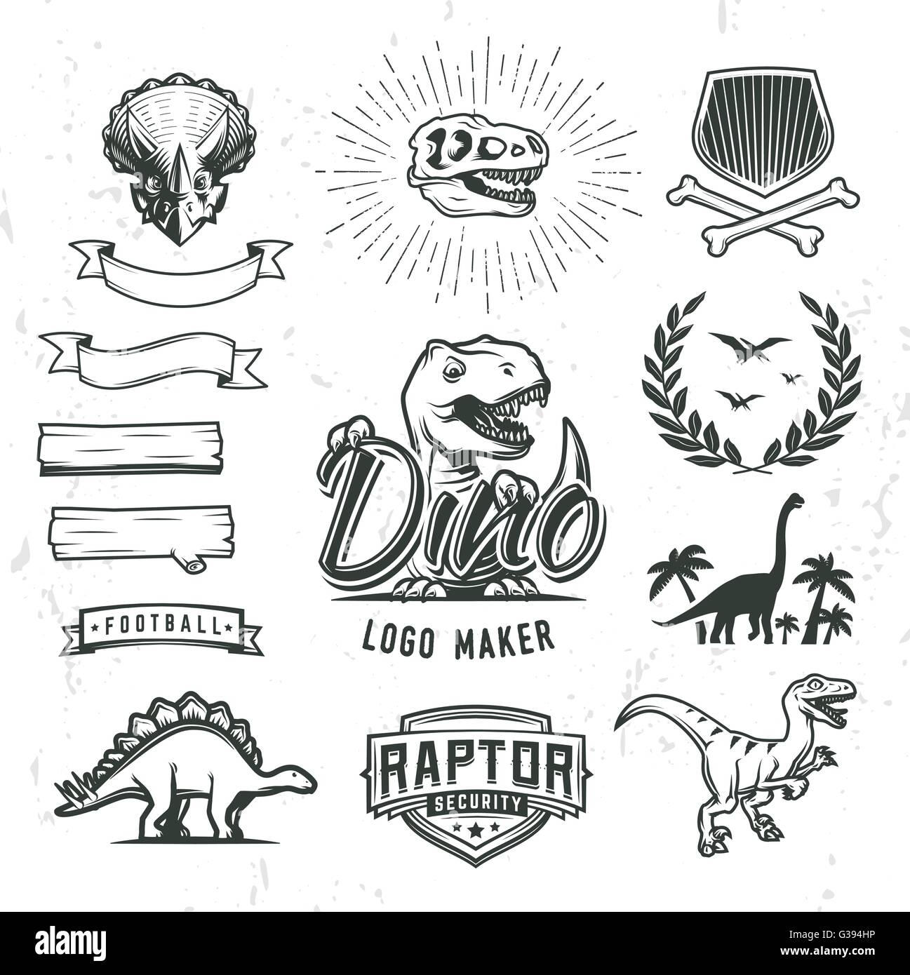 Dino logo maker. Creador del logotipo de dinosaurios. Vector T-Rex banner plantilla. Período jurásico laurel crest ilustración. Concepto de diseño insignia escudo. Insignia del mundo cretácico o etiqueta de colección. Ilustración del Vector