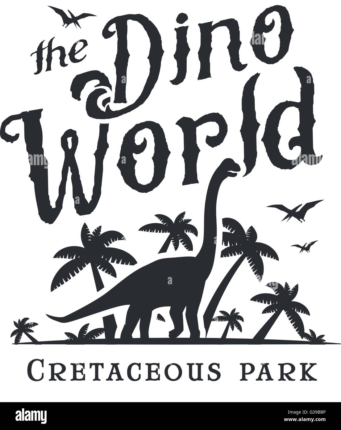 Dino mundo logo plantilla. Dinosaur Park logotipo. Diplodoc t-shirt diseño vectorial. Período jurásico retro ilustración. Mundo perdido concepto Insignia. Insignia de aventura Ilustración del Vector