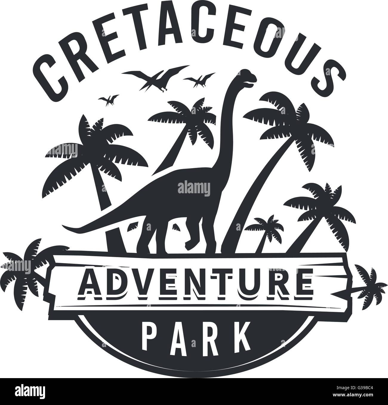 Concepto de vector logo dinosaurio Brachiosaurus Adventure Park insignia de diseño. Período jurásico ilustración. Dino Vintage T-shirt insignia sobre fondo blanco. Ilustración del Vector