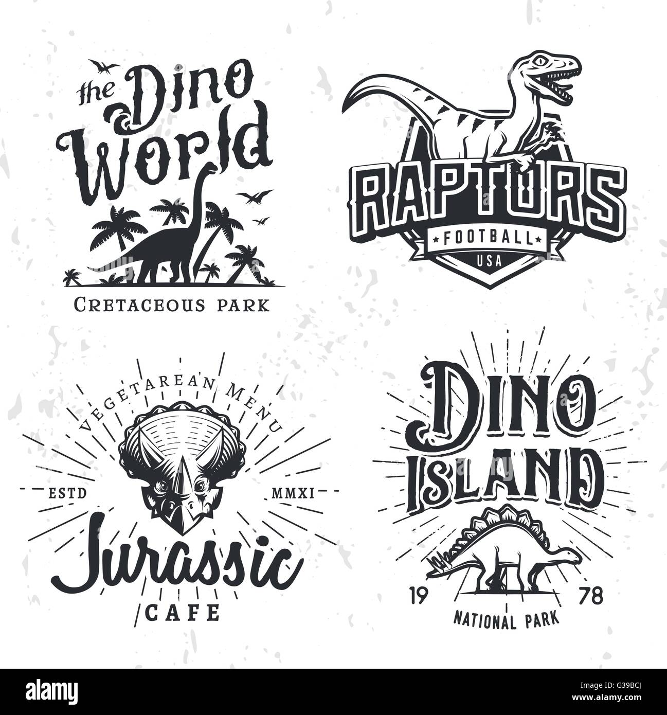 Dinosaur Vector Logo Set. Triceratops t-shirt ilustración concepto. Raptors college sport team insignia plantilla de diseño. Vintage período Jurásico etiquetas. Parque temático colección de chapas Ilustración del Vector