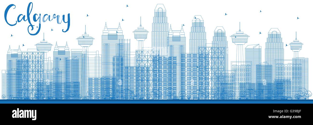 Esbozar el horizonte de Calgary con edificios azules. Ilustración vectorial. Concepto de turismo y viajes de negocios con modernos edificios. Ilustración del Vector