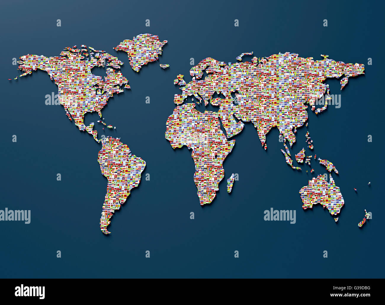 Símbolo de la geopolítica, el mapa del mundo hecho de banderas Foto de stock