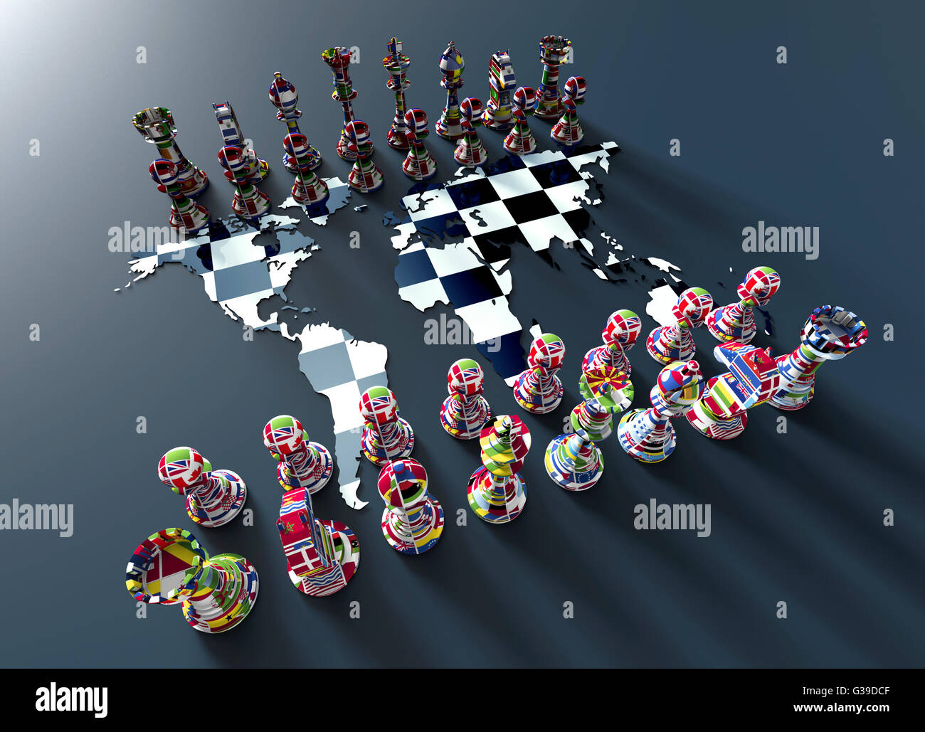Símbolo de la geopolítica, tablero de ajedrez fuera del mapa del mundo con  jugar ajedrez de banderas Fotografía de stock - Alamy