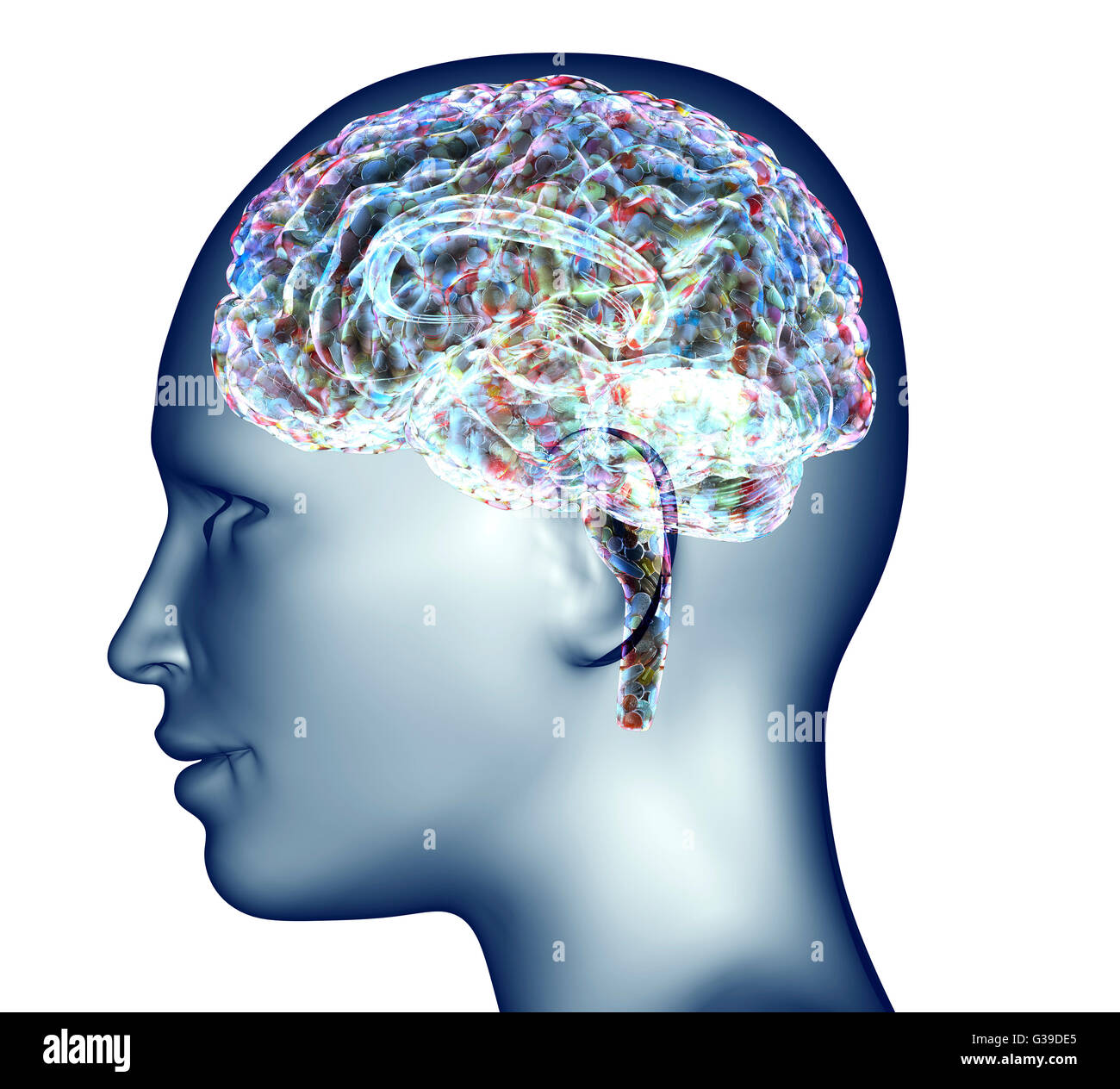 Radiografía de la cabeza humana con pastillas y medicamentos para el cerebro. Foto de stock